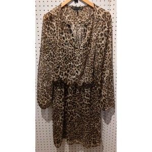 White House Black Market Leopard Animal Print Dress Long Sleeve Size 10 Brown